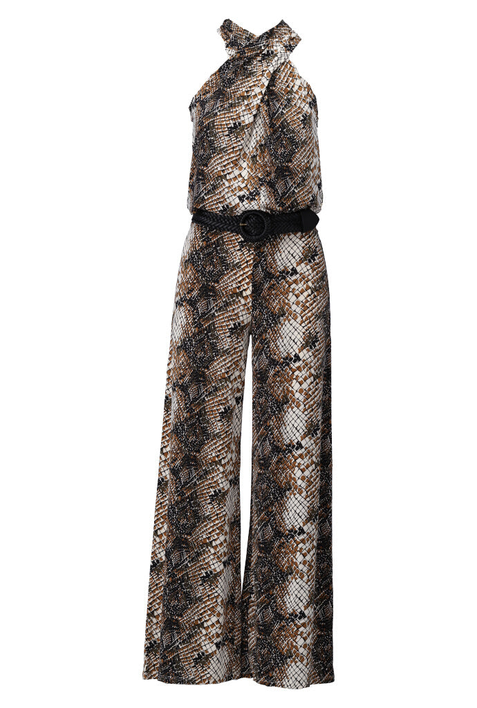 K-design - Jumpsuit met print, gekruiste hals en gevlochten riem (Y216) - What Els!