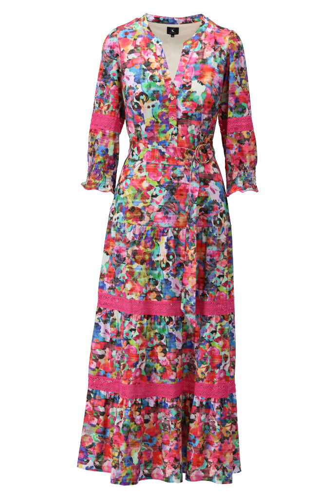 K-design - Maxi dress met fluoprint, kant en stoffen riem (Y232) - What Els!