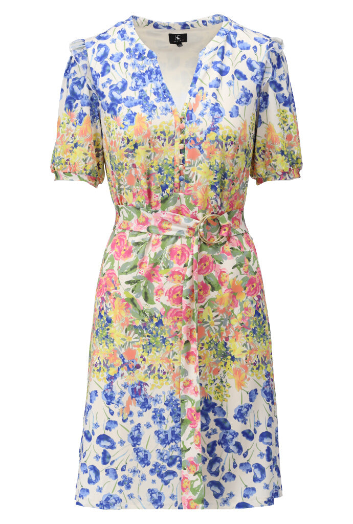 K-design - Mini dress met bloemenprint, schouderfranjes en stoffen riem (Y235) - What Els!