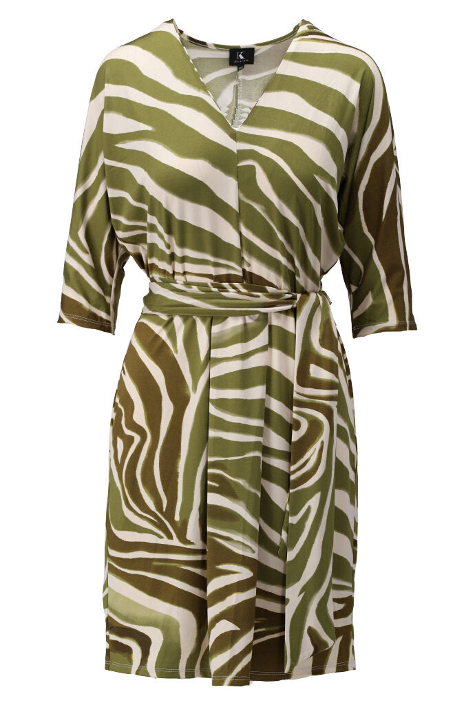 K-design - Mini dress met print, V-hals, dolman mouwen en stoffen riem (Y301) - What Els!