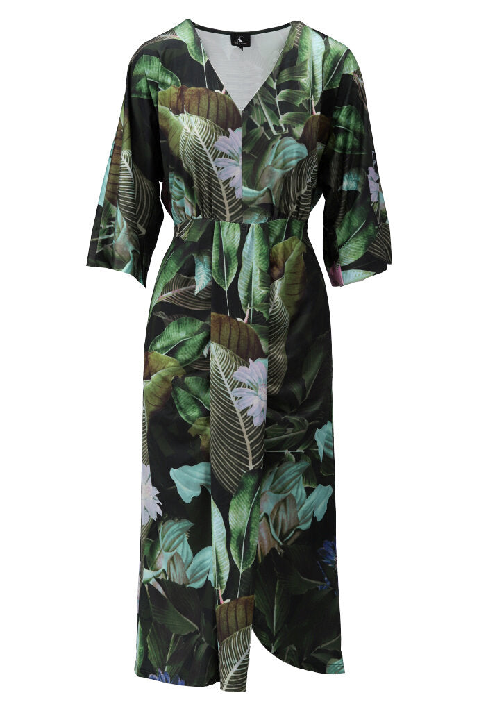 K-design - Midi dress met jungle bloemenprint, V-hals en plooi (Y305) - What Els!