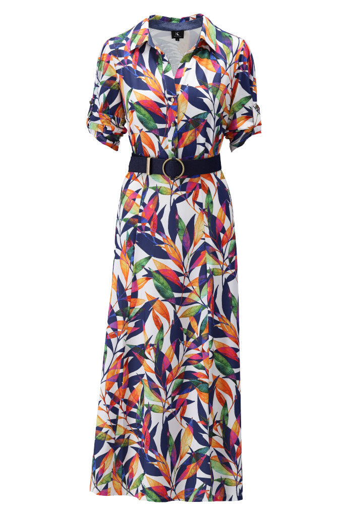 K-design - Maxi dress met bladerprint, knopen en bijpassende riem (Y307) - What Els!