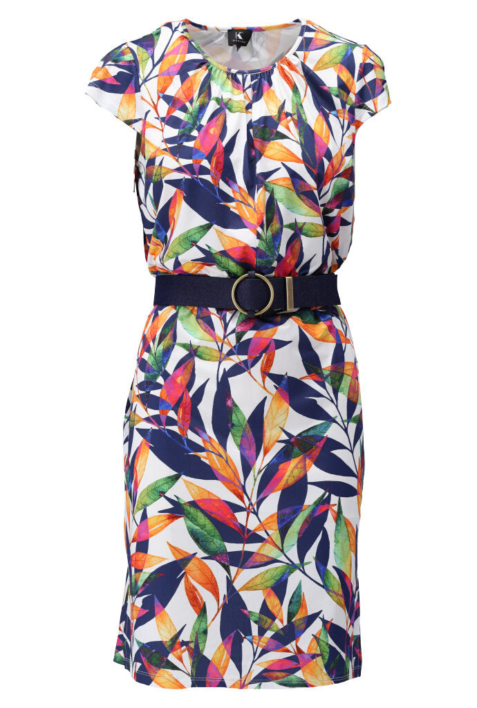 K-design - Mini dress met bladerprint, ronde hals en bijpassende riem (Y308) - What Els!