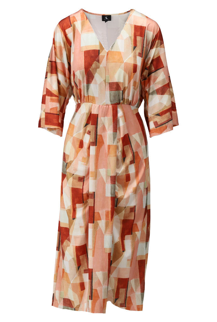 K-design - Midi dress met geometrische print, V-hals en plooi (Y313) - What Els!