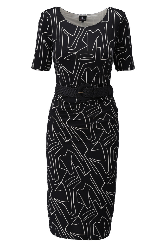 K-design - Midi dress met geometrische print en gevlochten riem (Y316) - What Els!