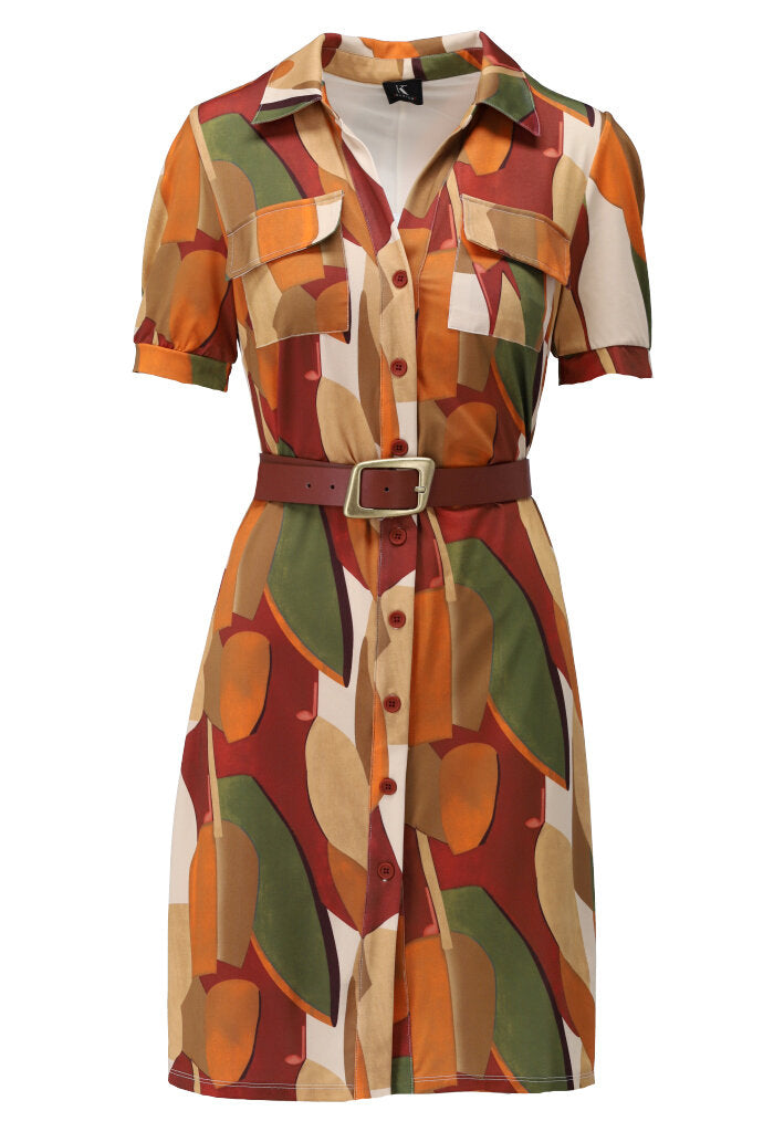 K-design - Mini dress met print, knopen, zakjes en bijpassende riem (Y334) - What Els!